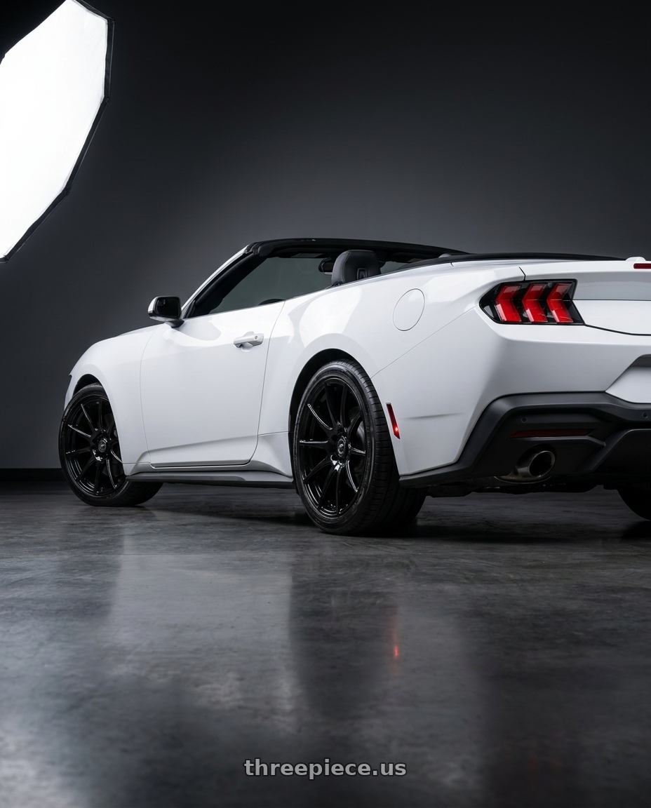 2025 ford mustang ecoboost premium with Forgestar CF10 5x114.3 19x9.5 +29 Gloss Black wheels rear three quarter view square tires