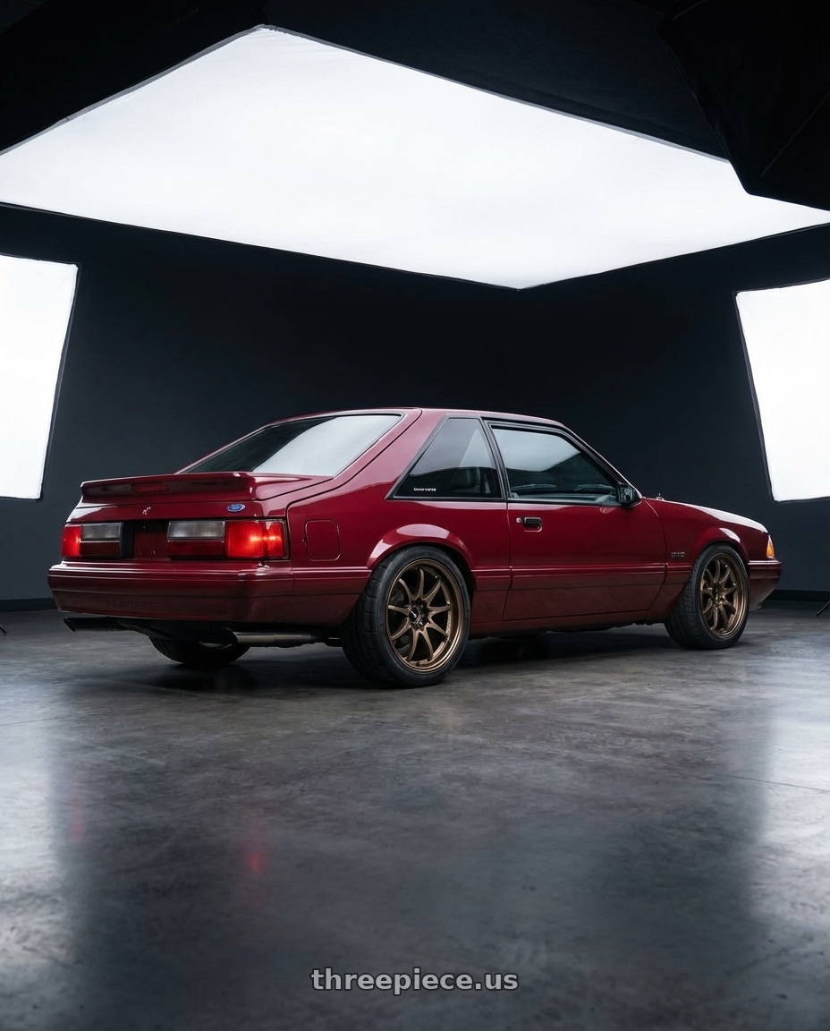 1988 Ford Mustang LX with Volk Racing CE28N 5x114.3 18x8.5 +30 BRONZE wheels rear three quarter view square tires