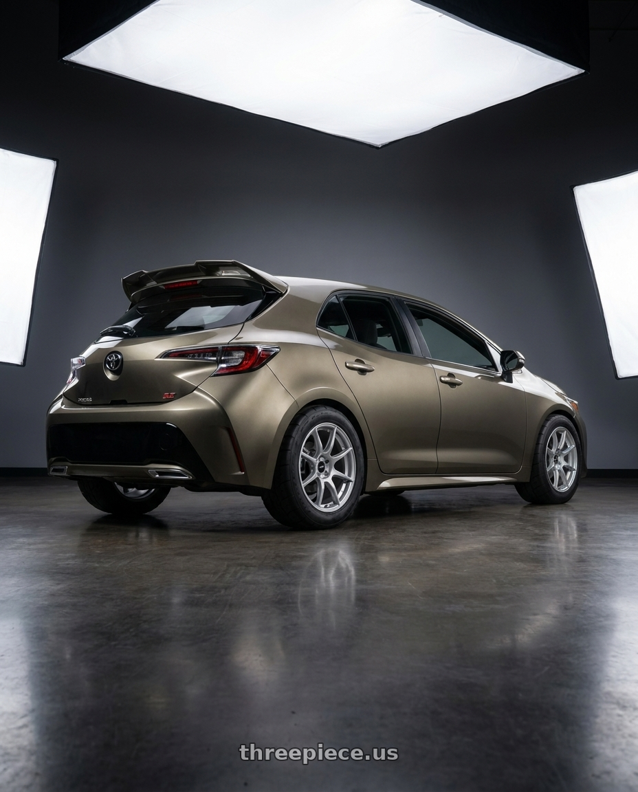 2019 Corolla hatch se oxidize bronze with spoiler  with Enkei TS9 5x100 17x9+45 Silver Paint wheels rear three quarter view meaty tires