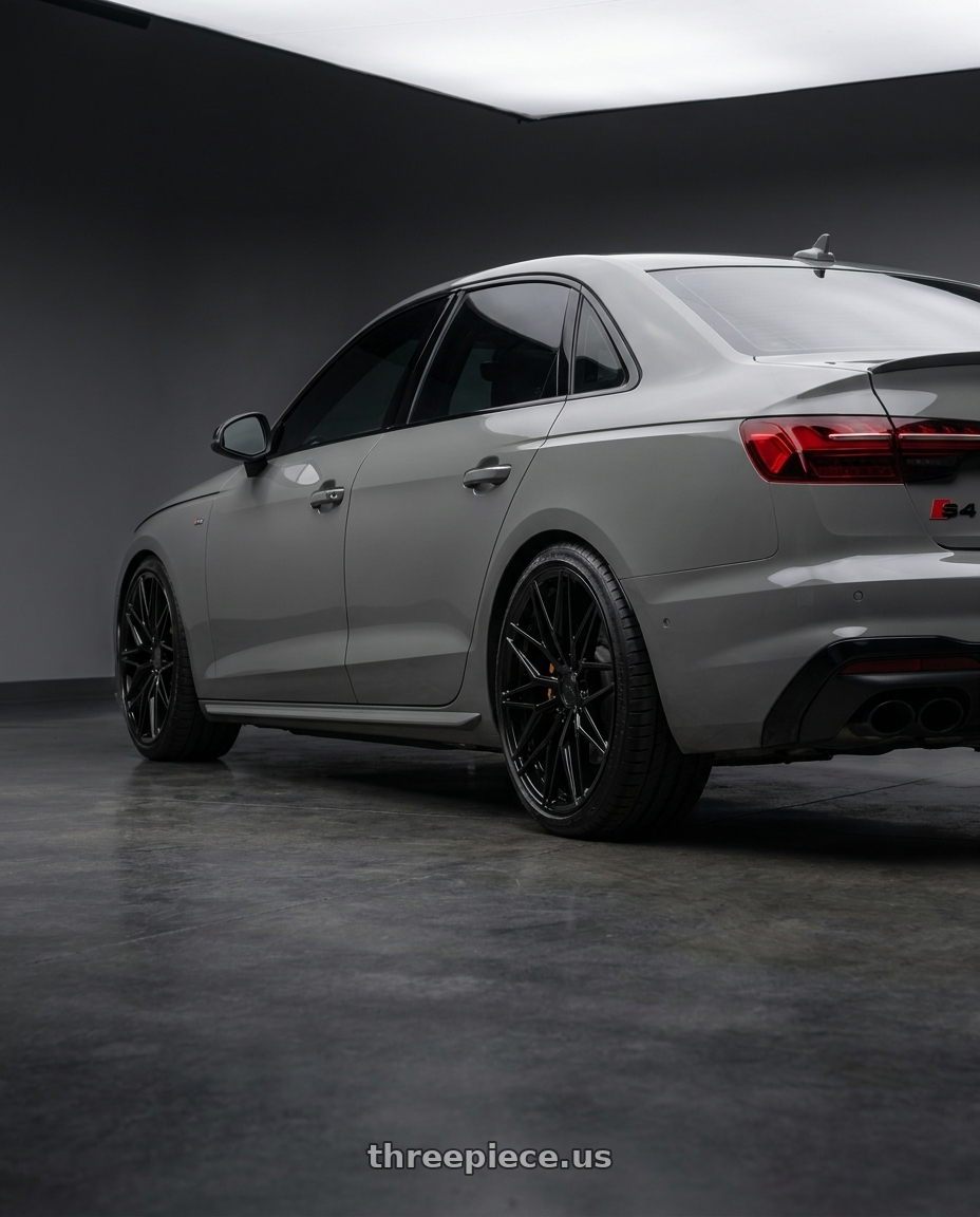 2021 Audi S4 Prestige with Avant Garde Wheels M520R 5X112 19x8.5 +35 Gloss Black wheels rear three quarter view square tires