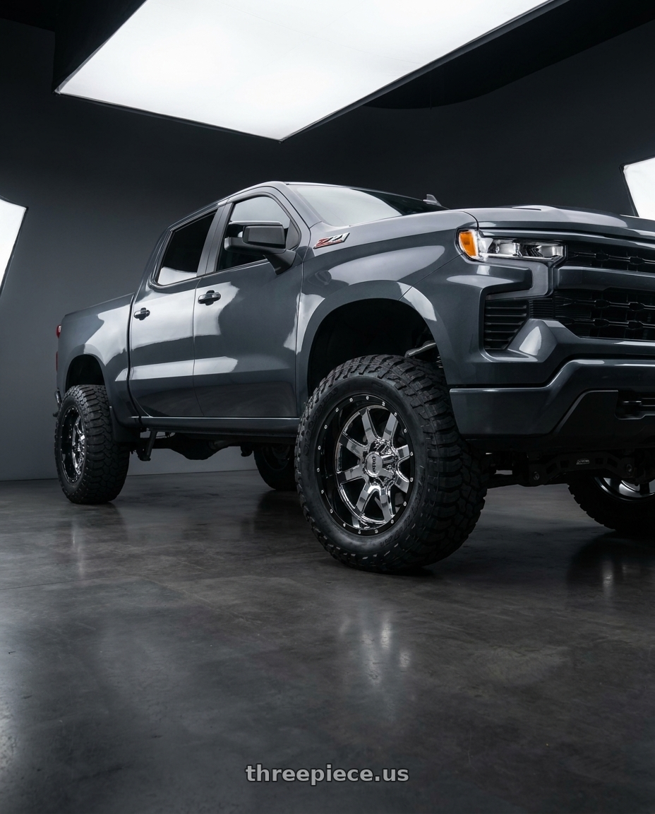 2023 Chevrolet Silverado 1500 with Moto Metal MO200 6X139.7 22X10 -18 CHROME CENTER GLOSS BLACK MILLED LIP wheels
