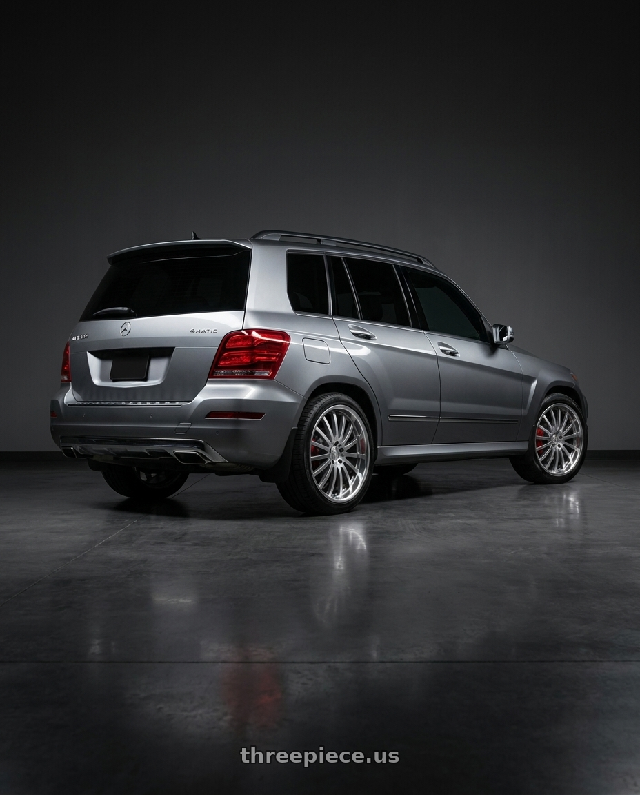 2015 Mercedes Benz GLK350 4MATIC with Mandrus MILLENIUM 5X112 20X8.5 +35 HYPER SILVER W/ MIRROR CUT LIP wheels rear three quarter view square tires