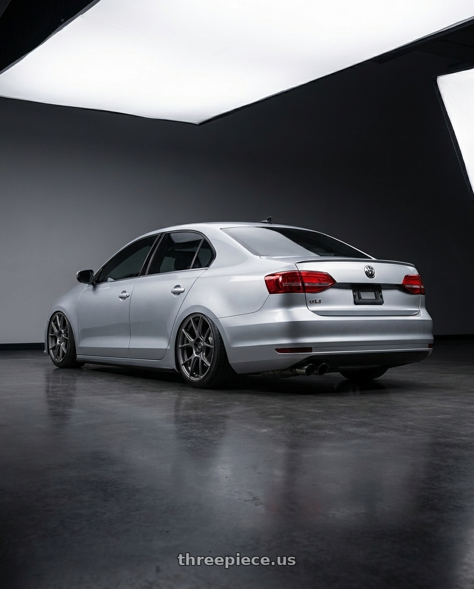 2016 Volkswagen Jetta GLI MK6 with Konig Ampliform 5x112 18x8.5+43 Dark Metallic Graphite wheels rear three quarter view slight stretch tires