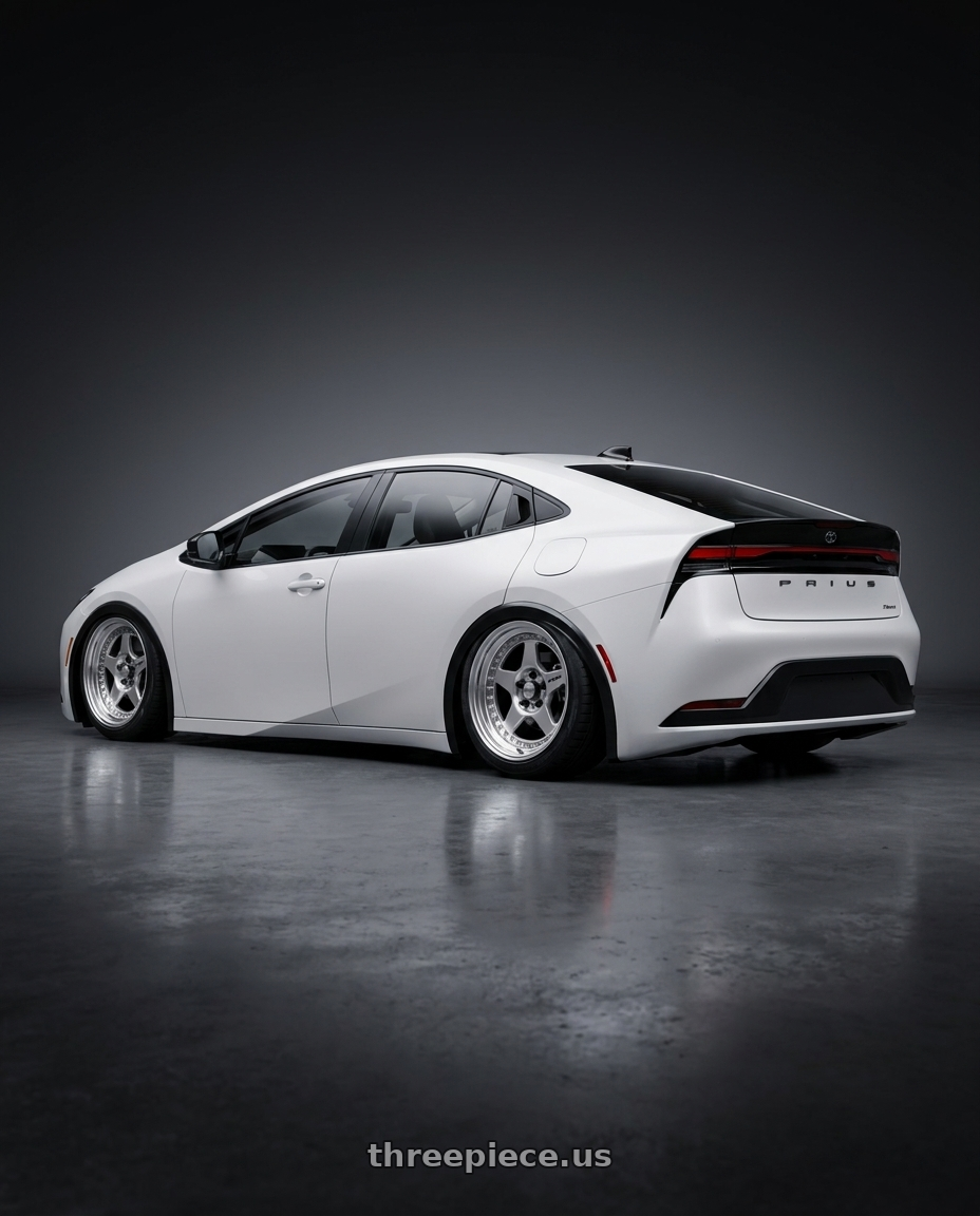 2026 Toyota Prius with Work Meister Cr01 4x100 16x6.5+29 A Disk Bright Buff Finish wheels rear three quarter view square tires