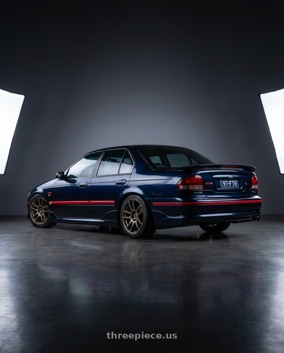 1997 ford falcon xr6 with Work Emotion Cr Kiwami 4x100 15x5 +45 Matte Bronze wheels rear three quarter view square tires