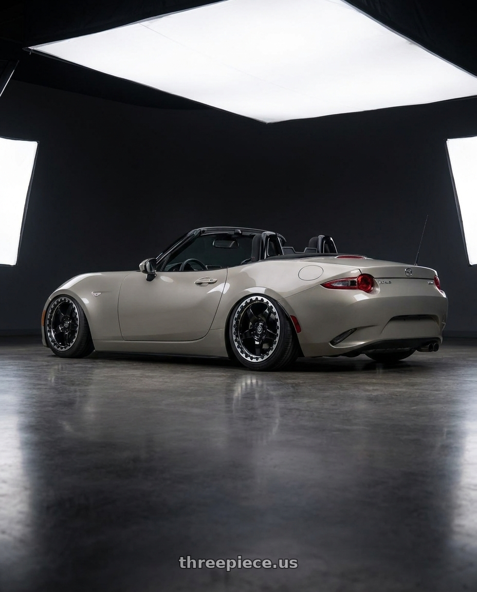 2021 Mazda MX-5 Miata ND with Forgestar D5 Beadlock 5x114.3 17x10 +50 Gloss Black Machined wheels rear three quarter view slight stretch tires