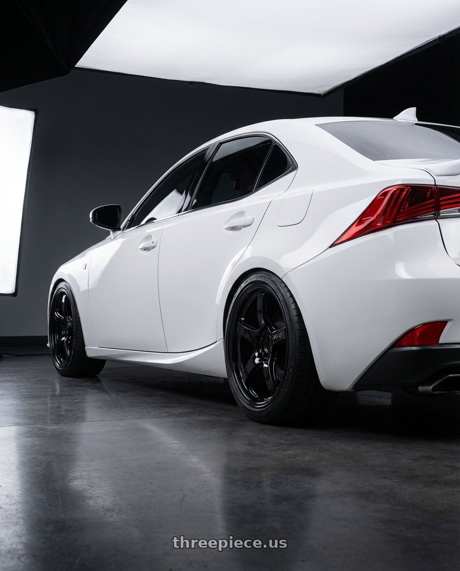 2018 Lexus IS 350 F Sport with Gram Lights 57CR 5x114.3 19x10.5+12 Glossy Black wheels rear three quarter view square tires