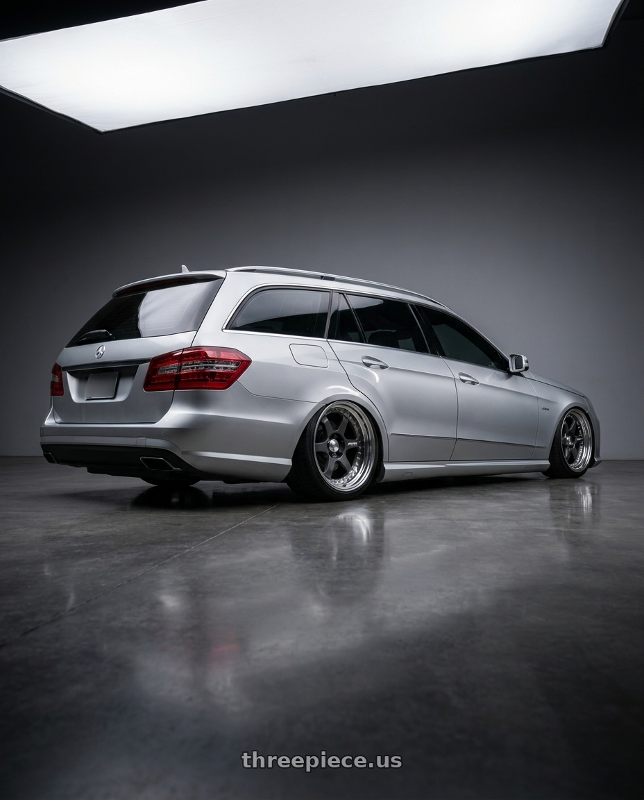 2010 Benz s212 with Work Meister L1 3P 5x100 18x10.5+50 A Disk Matte Gunmetal wheels rear three quarter view square tires