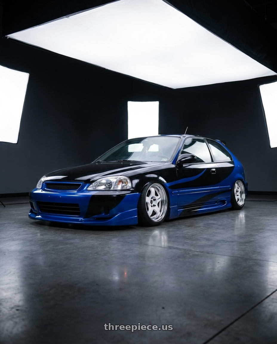 1999 Honda Civic Hatch Dx, blue and black with Work Meister S1 2P 4x100 15x6.5+38 R Disk White wheels