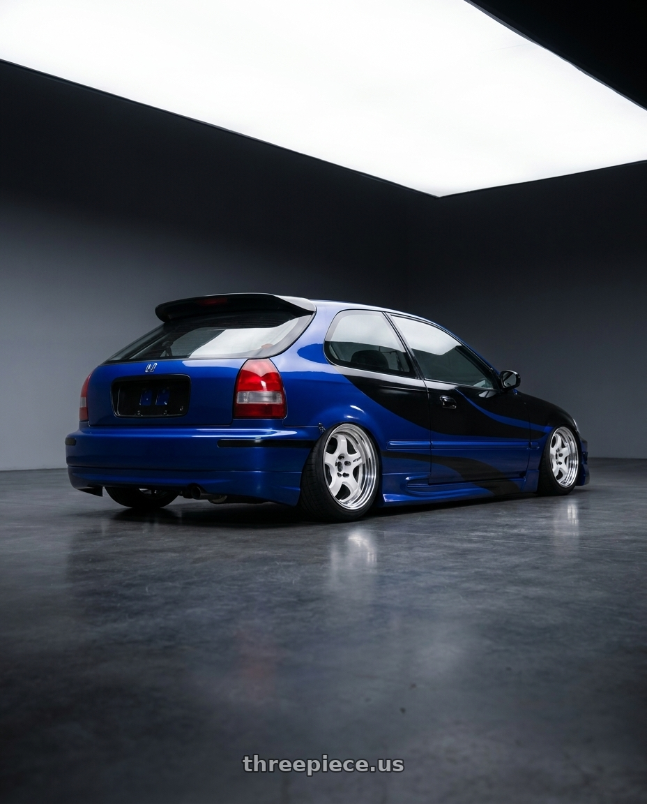 1999 Honda Civic Hatch Dx, blue and black with Work Meister S1 2P 4x100 15x6.5+38 R Disk White wheels rear three quarter view square tires