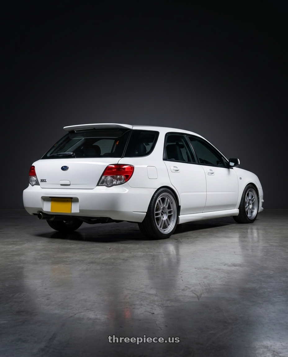 2006 subaru wrx wagon with Enkei RPF1 5x114.3 17x7+45 Silver wheels rear three quarter view square tires
