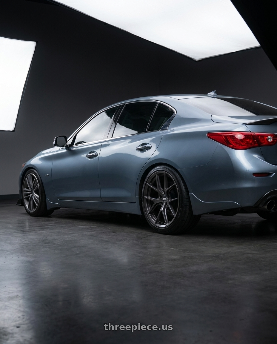 2014 Infiniti Q50 with ESR Wheels FORGETECH SERIES RF2 5x112 18x10.5 +22 Gloss Graphite wheels rear three quarter view square tires