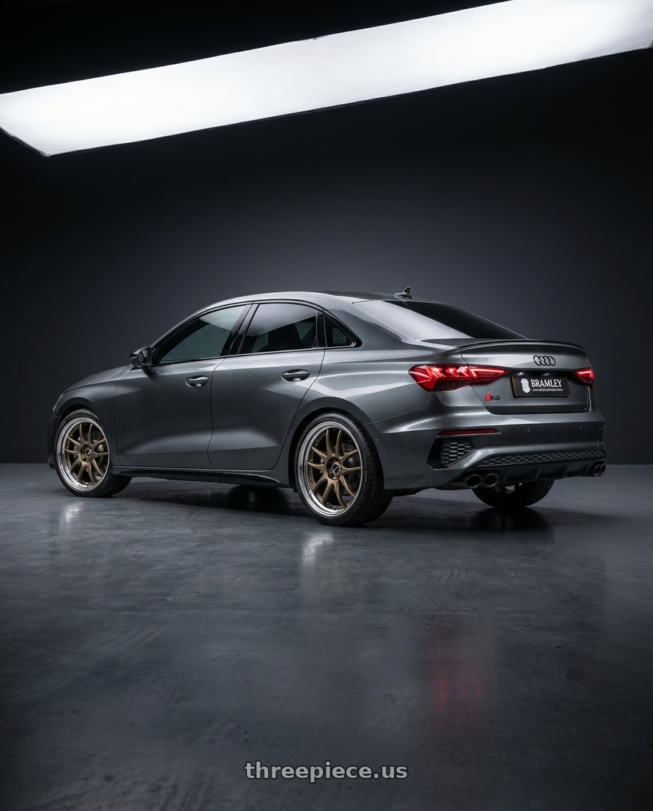 2022 Audi S3 with Work Cr 2P 4x100 17x10.0 +0 Matte Bronze wheels rear three quarter view square tires
