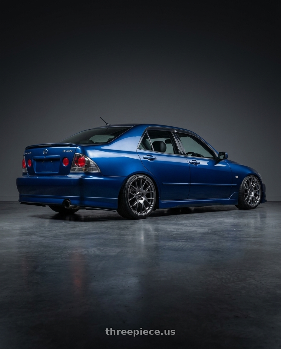 2004 Lexus IS300 with BBS CH-R 5x114.3 20x8.5 +38 Satin Titanium Polished Rim Protector wheels rear three quarter view square tires
