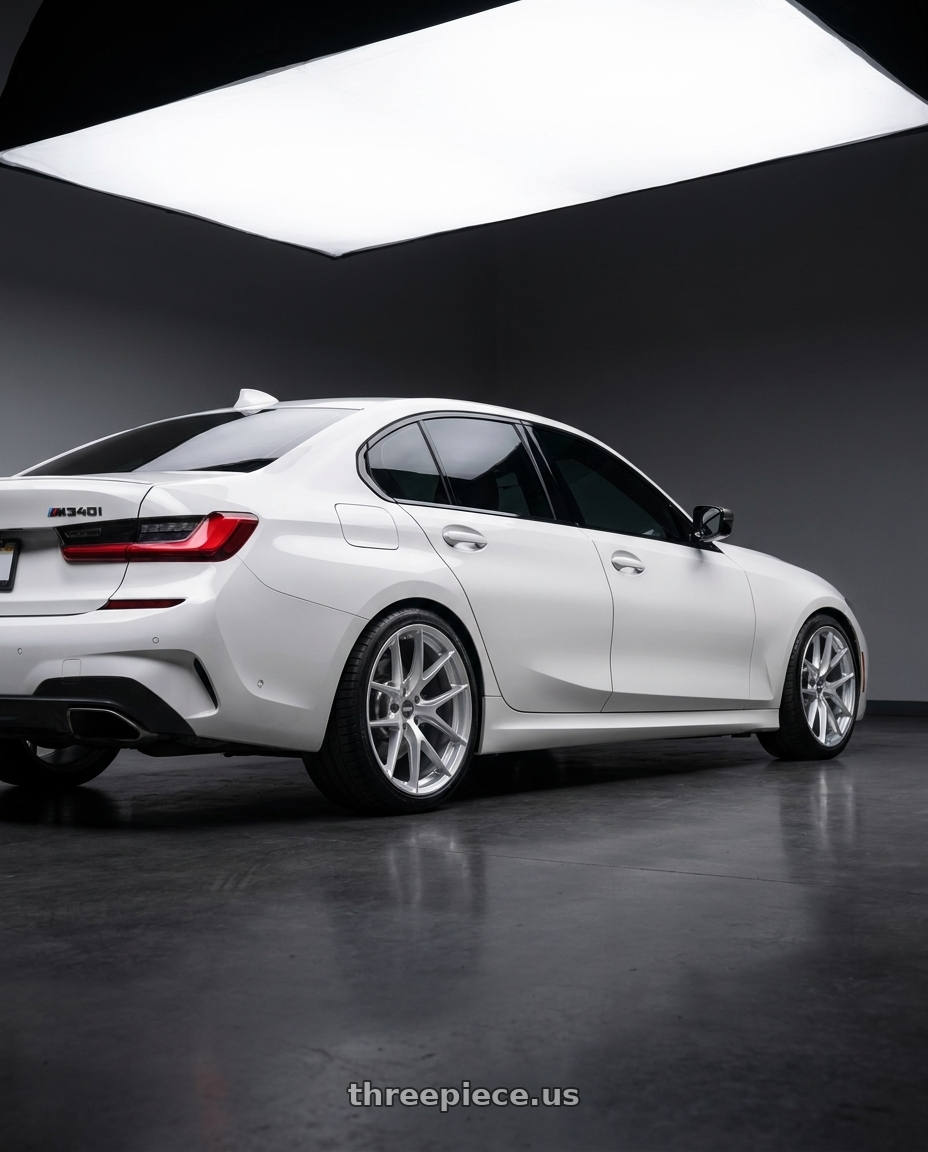 2020 bmw m340i with ESR Wheels FORGETECH SERIES RF2 5x112 18x9.5 +35 Hyper Silver wheels rear three quarter view square tires