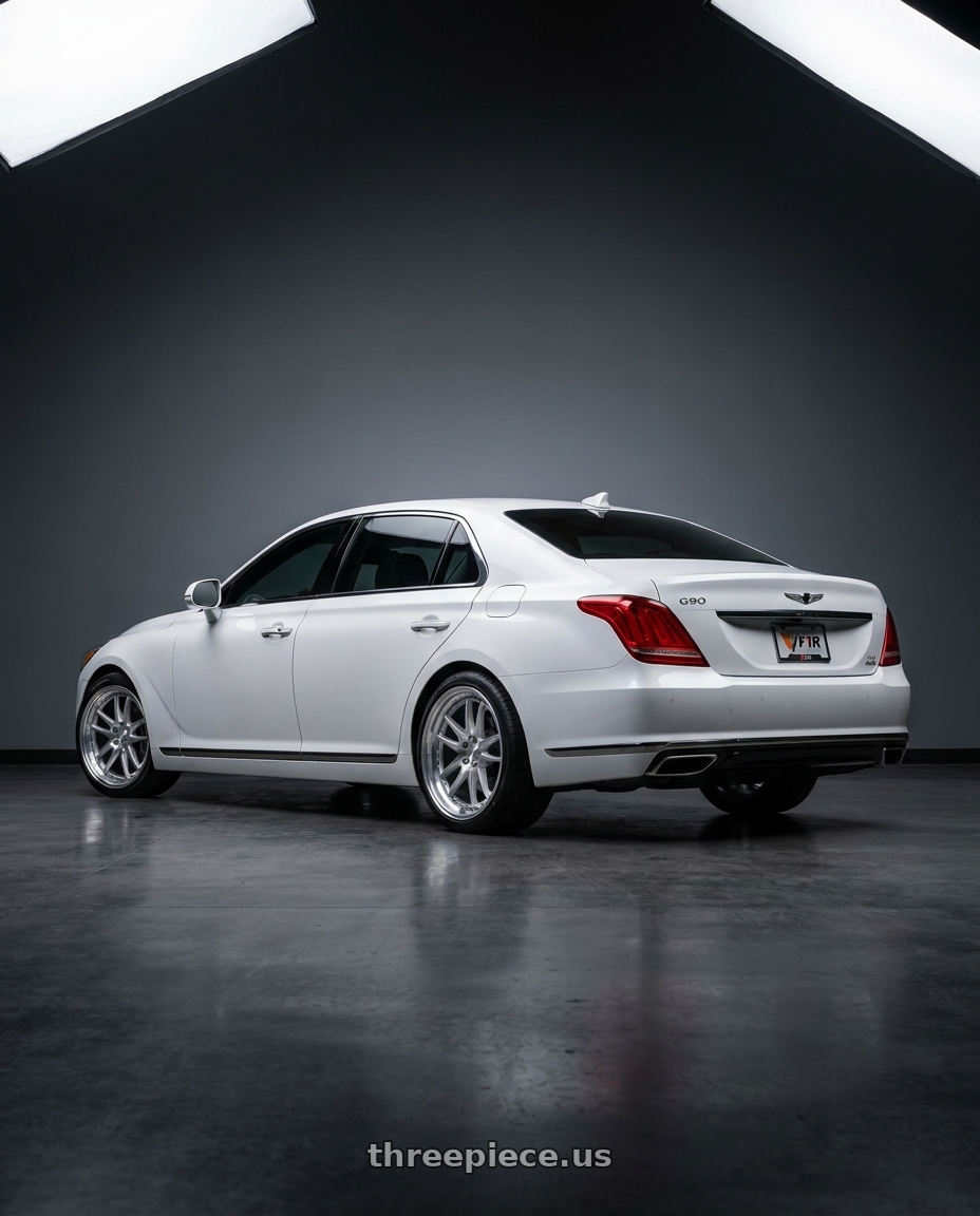 2018 genesis g90 ultimate with F1R FS3 5x114 20x9 +35 Machine Silver wheels rear three quarter view square tires