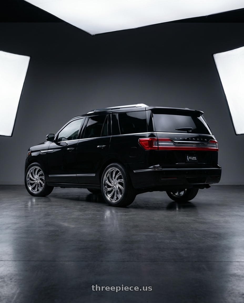 2025 Lincoln Navigator Black Label with ECLIPSE 104 6X135/6X139.7 24x9.5 +25 CHROME wheels rear three quarter view square tires