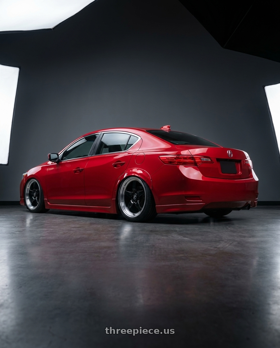 2012 Acura ILX with Forgestar D5 Drag 5x114.3 17x7 +6 Gloss Black Machined wheels rear three quarter view slight stretch tires