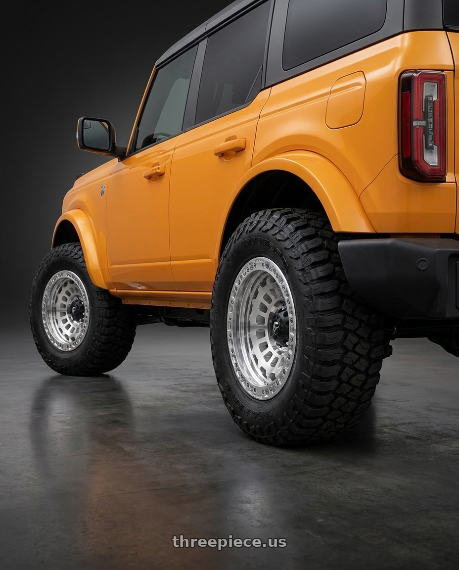 2024 Ford Bronco with Fuel 1PC D102 ZEPHYR BEADLOCK 6X139.7 17X9 -15 GLOSS MACHINED wheels rear three quarter view meaty tires