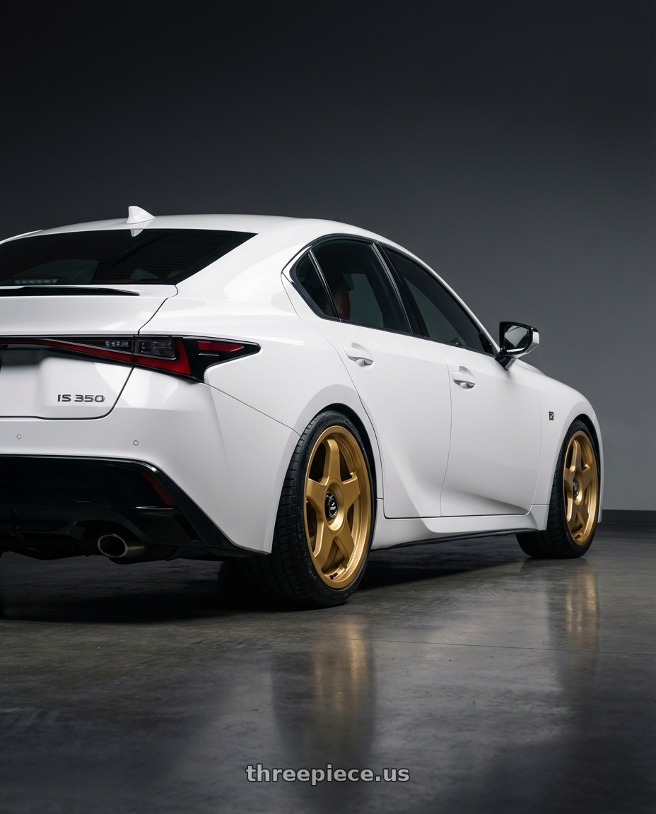 2024 Lexus IS 350 with fifteen52 CHICANE 5x114.3 / 5x120 19x8.5 +35 GOLD (GLOSS GOLD) wheels rear three quarter view square tires