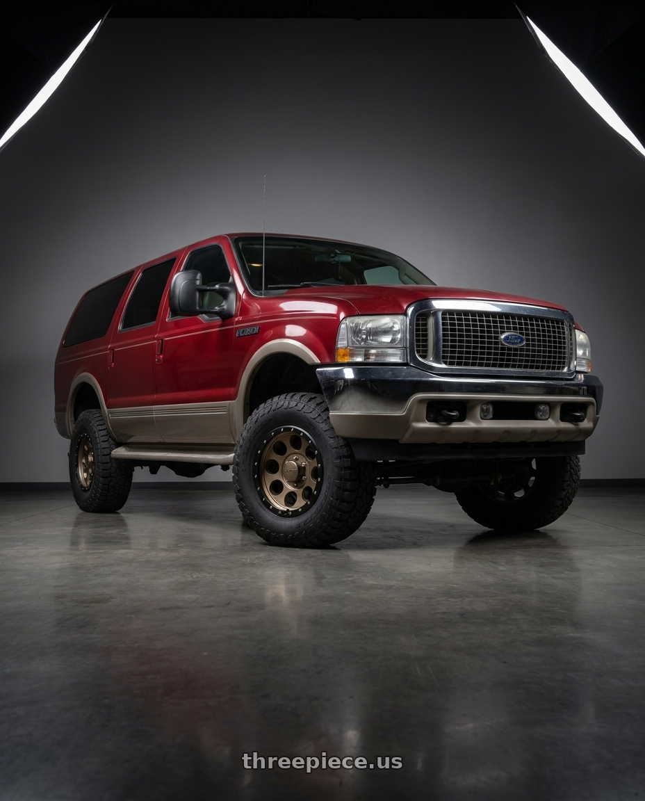 2002 ford excursion burgundy with Mickey Thompson Classic Pro Bronze 8X170 17x9 +0 Satin Bronze. Black Lip wheels