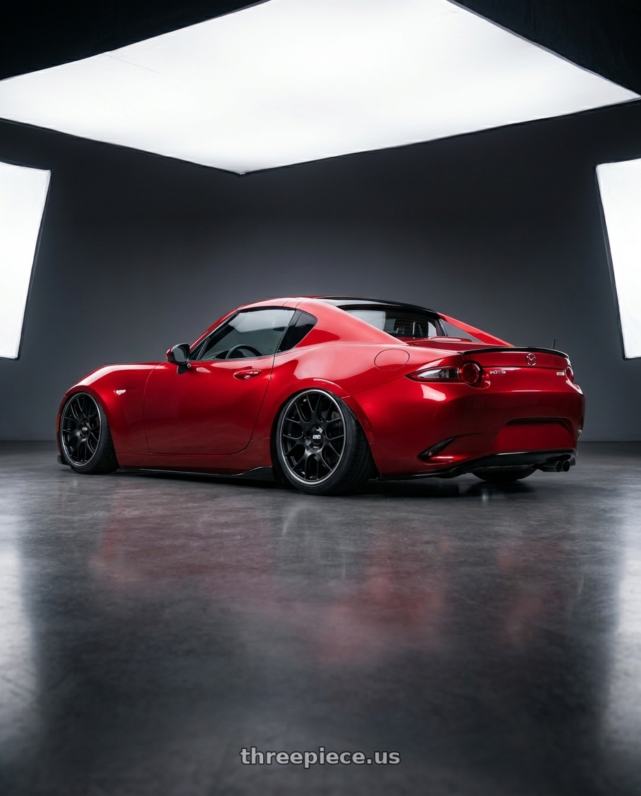 2026 Mx 5 rf with BBS CH-R 5x130 19x12 +45 Satin Black Polished Rim Protector wheels rear three quarter view slight stretch tires