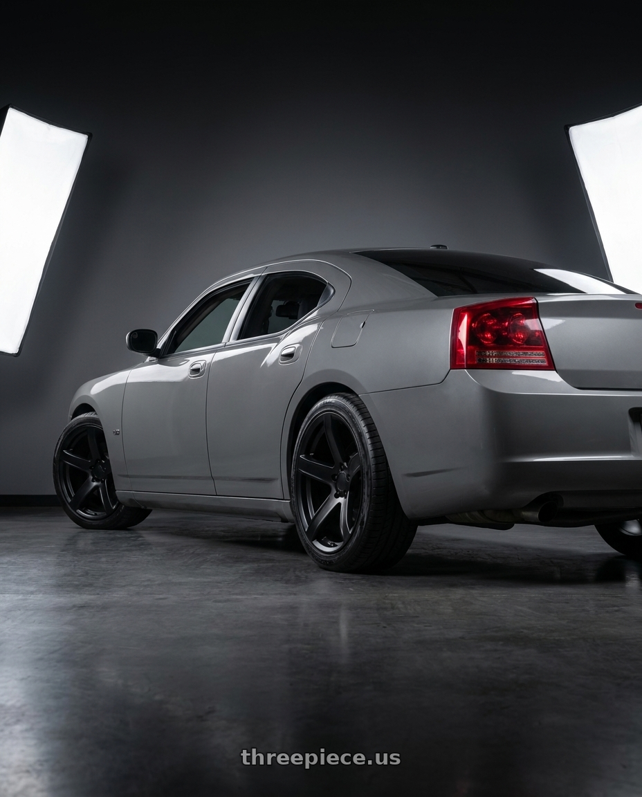 2006 dodge charger rt with REPLICA WHEELS R81002F 5x115 20x9.5+18 SATIN BLACK wheels rear three quarter view slight stretch tires