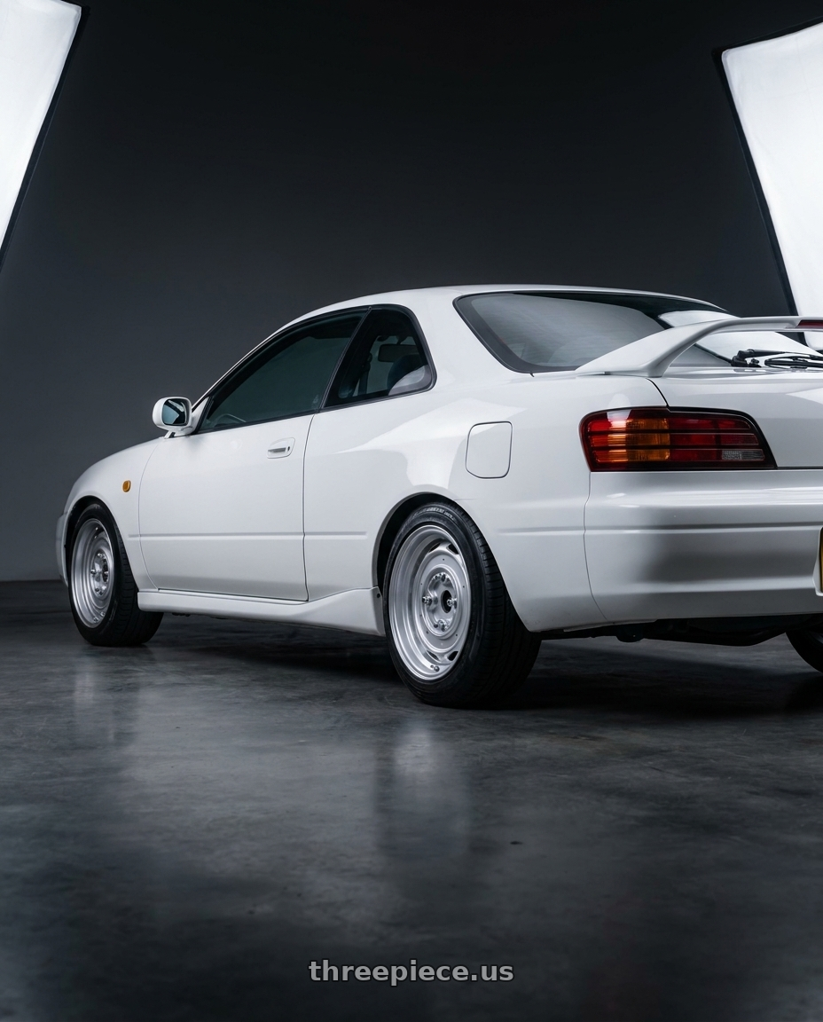 1999 toyota levin with Mobelwagen MW430S Interceptor 4X130 15x5.5 20 Silver wheels rear three quarter view slight stretch tires