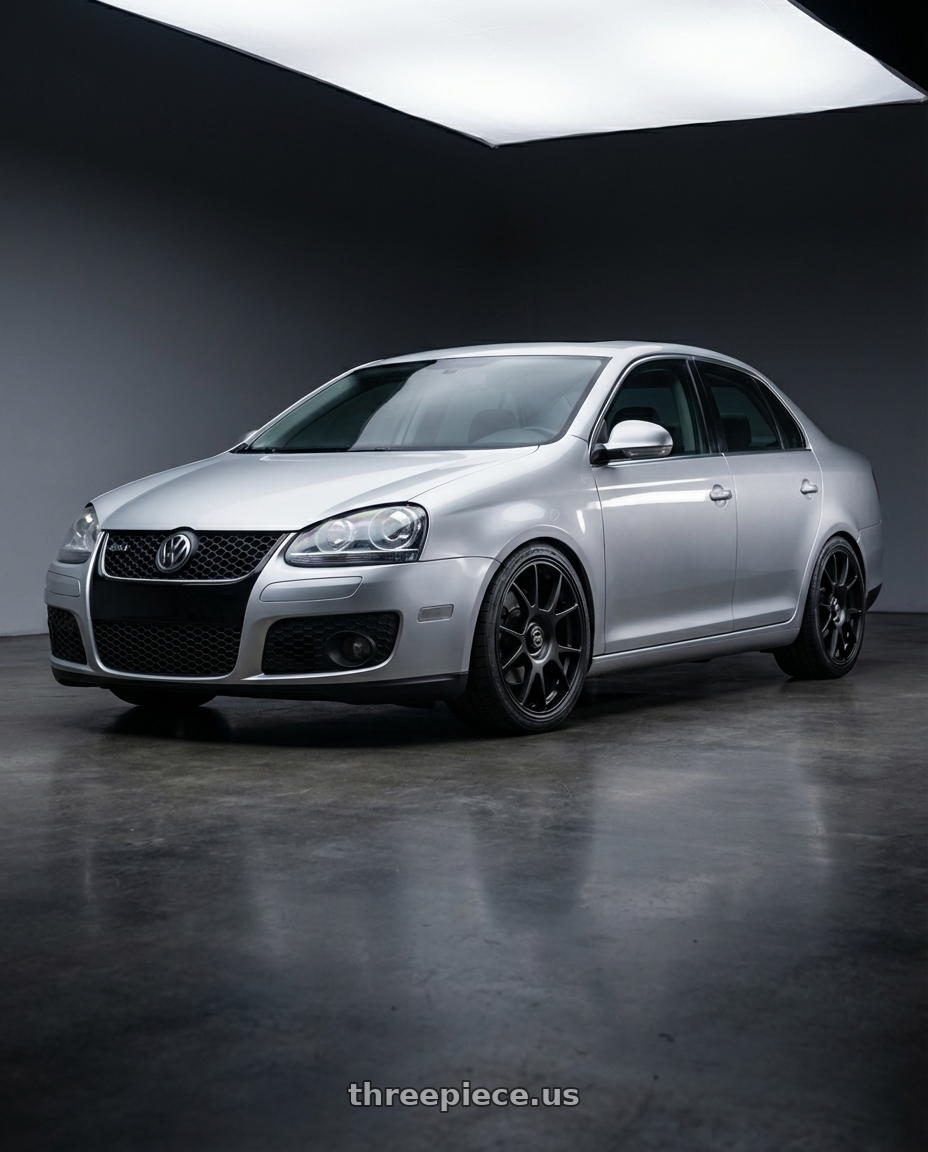 2009 Volkswagen Jetta GLI MK5 with fifteen52 COMP 5x112 / 5x120 18x8.5 +35 ASPHALT BLACK (SATIN BLACK) wheels front three quarter view lowered stance