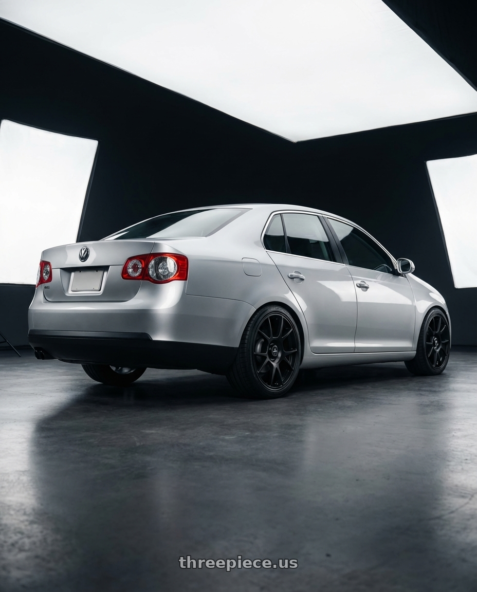 2009 Volkswagen Jetta GLI MK5 with fifteen52 COMP 5x112 / 5x120 18x8.5 +35 ASPHALT BLACK (SATIN BLACK) wheels rear three quarter view square tires