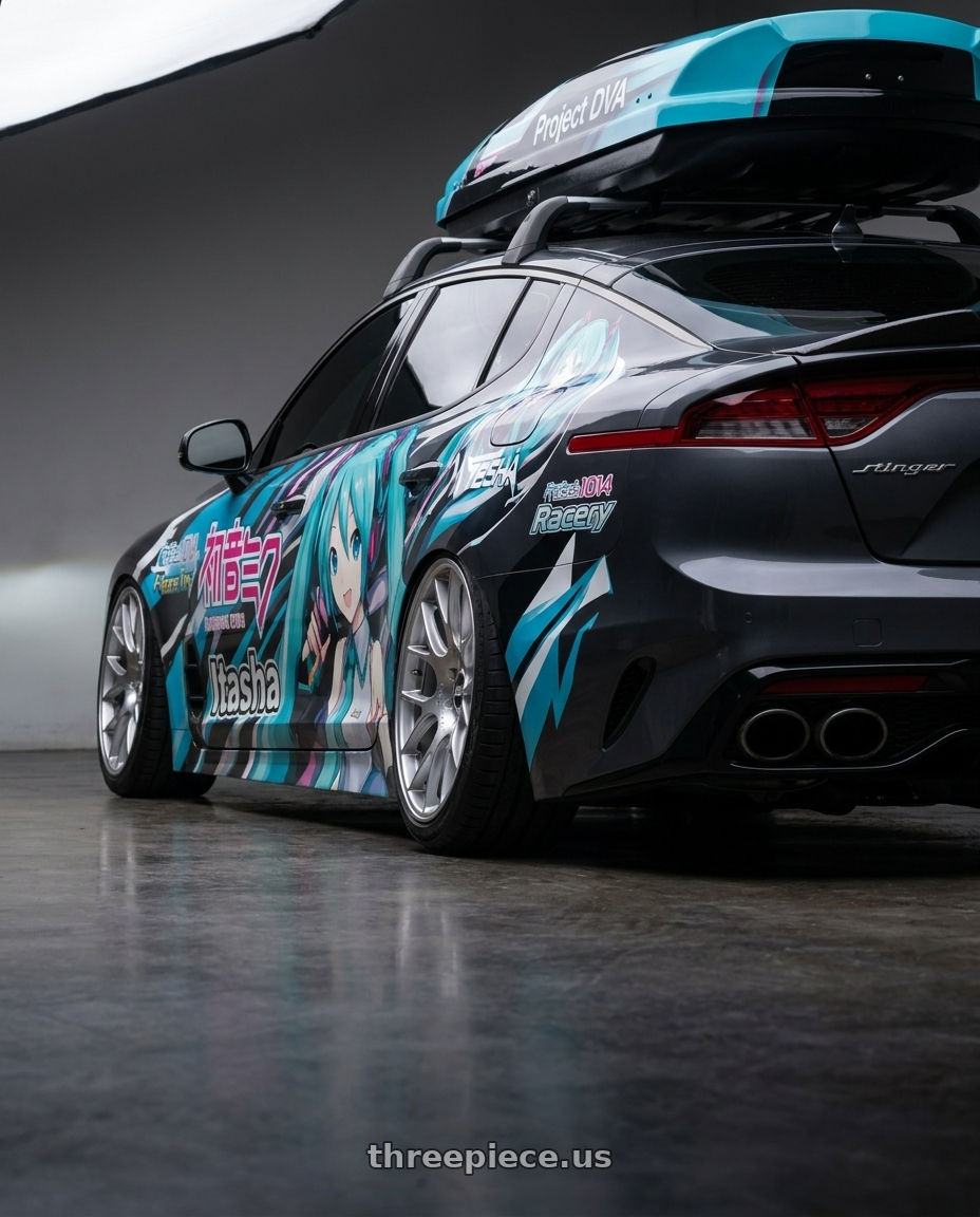 2023 Kia Stinger GT with BBS CH-R 5x130 19x11 +56 Brilliant Silver Polished Rim Protector wheels rear three quarter view square tires