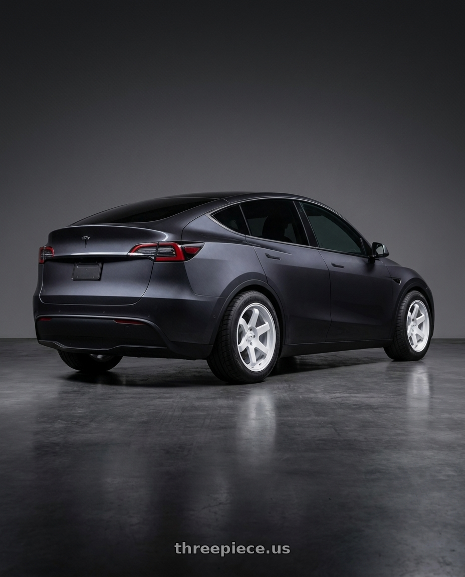 E.g 2026 modely with F1R F106 5x114.3 17x8 +35 White wheels rear three quarter view meaty tires
