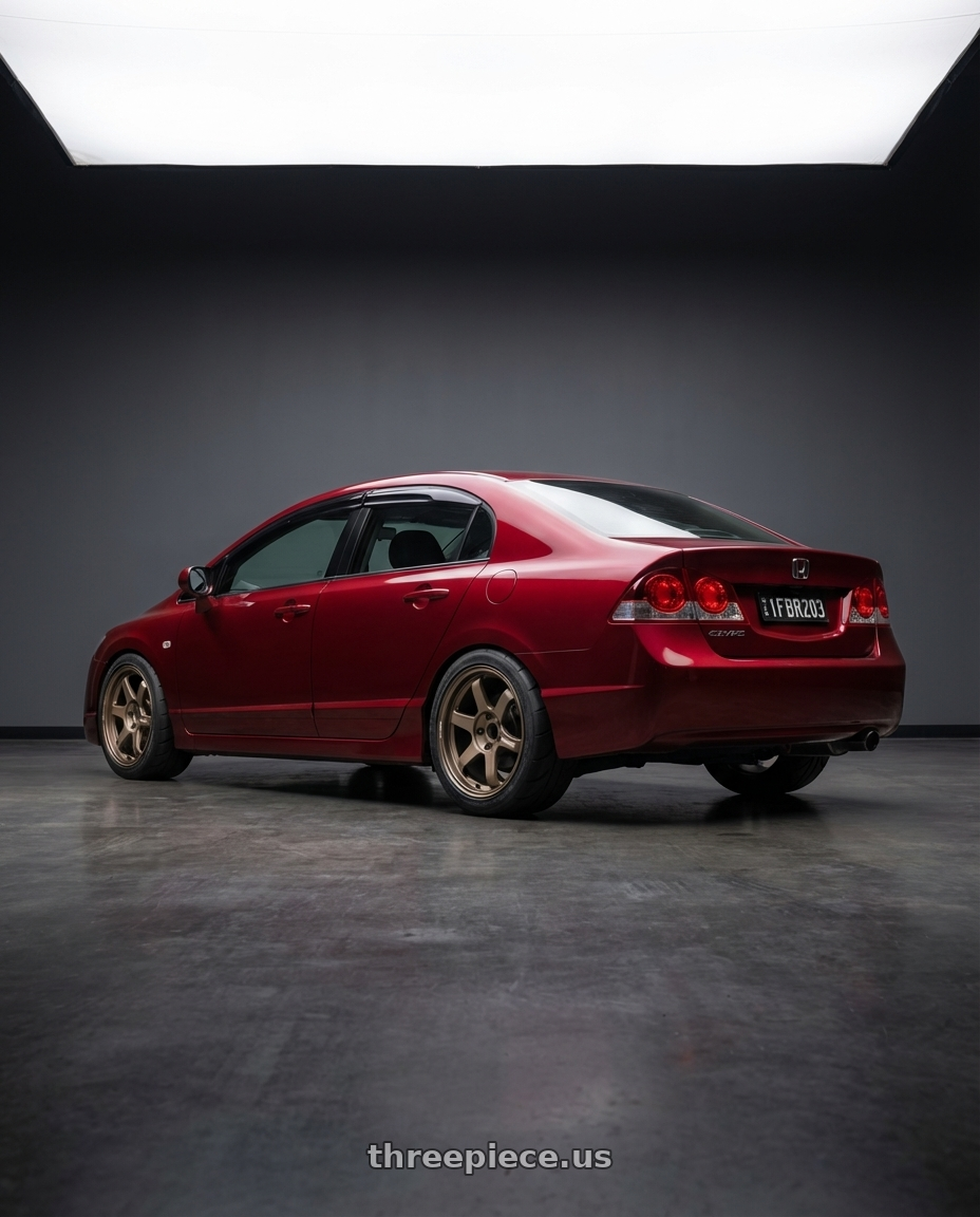 2006 Honda Civic FD2 with Volk Racing TE37 Ultra M Spec 5x112 19x9.5+23 19x10.5+35 Bronze Almite Toyota Supra MK5 Spec wheels rear three quarter view meaty tires