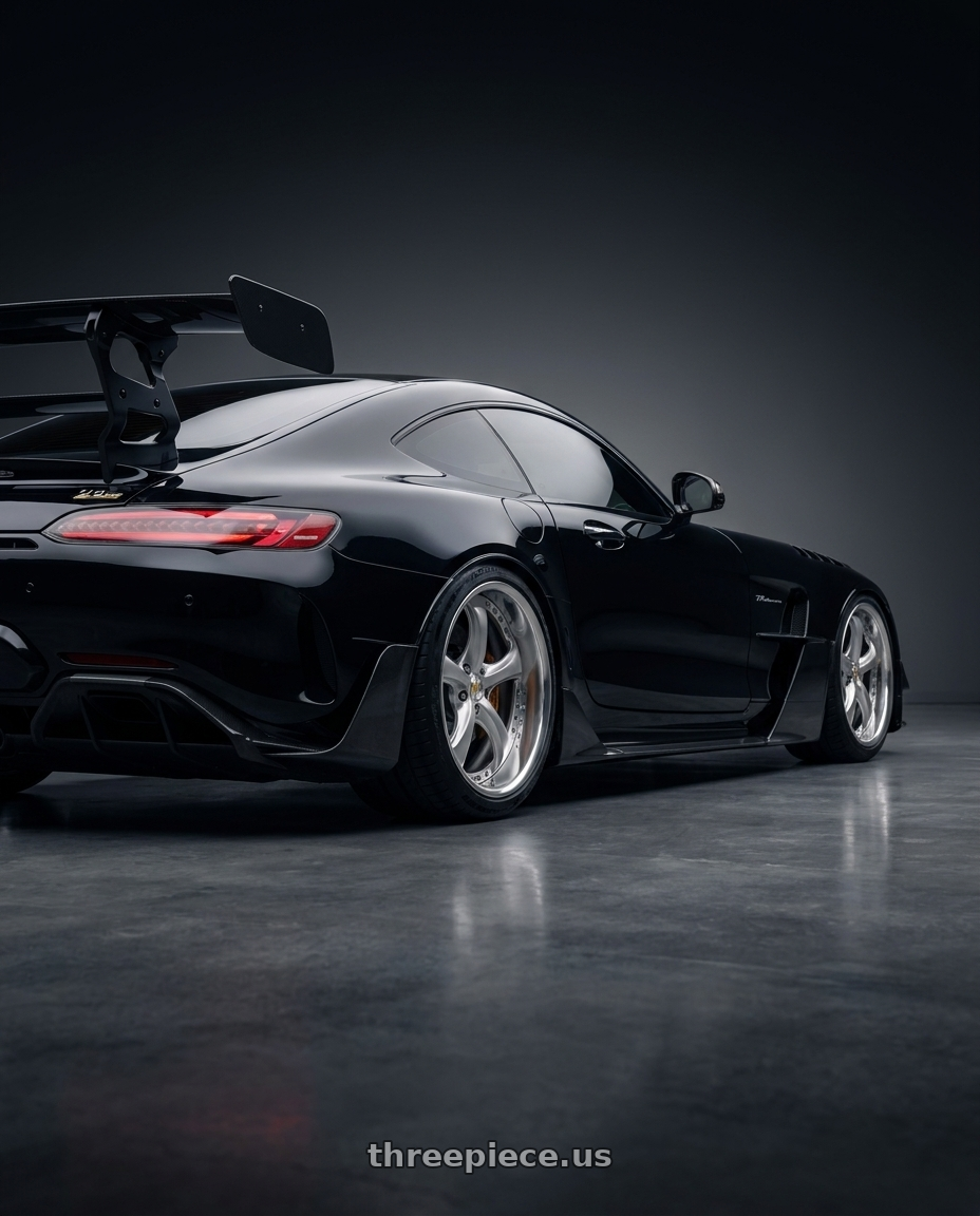 2021 Mercedes Benz AMG GT with Work Wheels VS-KF 5x112 20x12+53 Light Grey Silver A Disk FULL REVERSE wheels rear three quarter view square tires