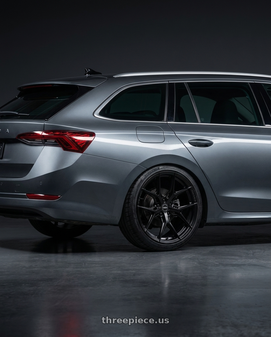 2023 Octavia Combi with VOSSEN HF6-4 6X139.7 18x9 +0 SATIN BLACK wheels rear three quarter view square tires