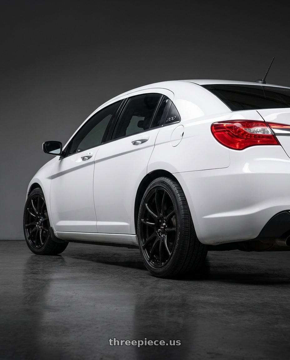 2014 Chrysler 200 s with Vors TR4 5x114.3 18x8.5  +35 Gloss Black wheels rear three quarter view square tires