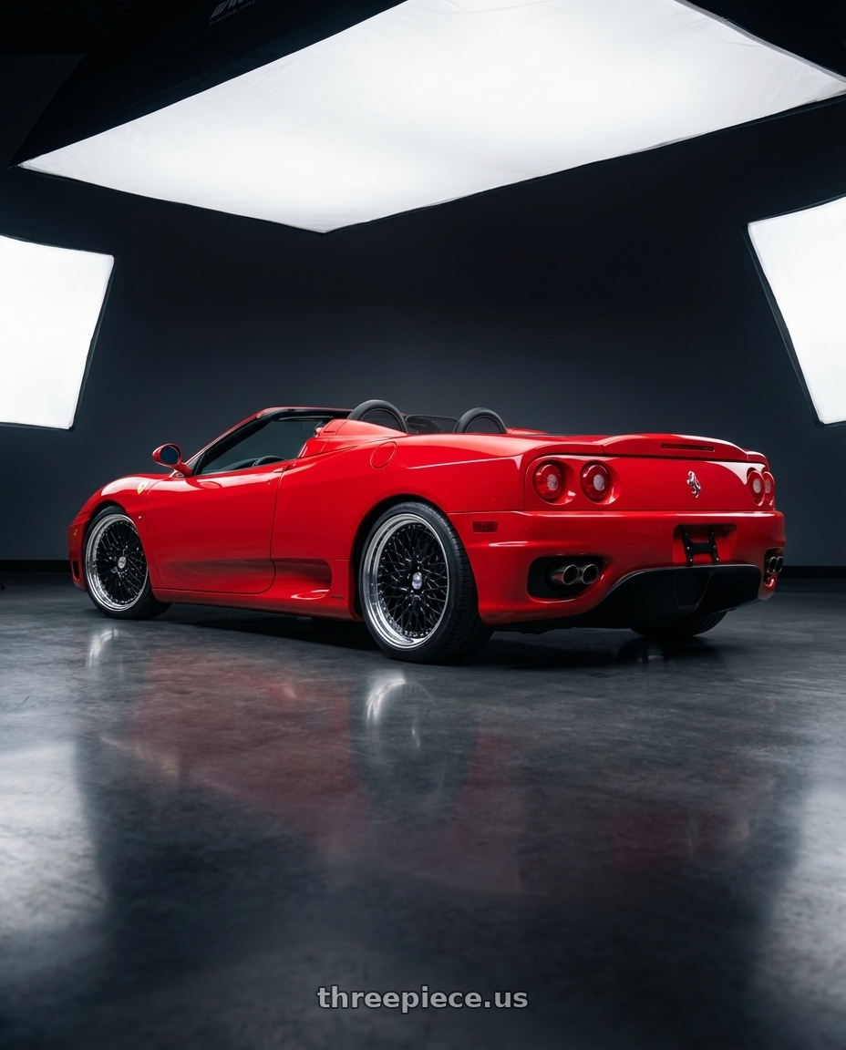 2004 Ferrari Modena 360 with Work Gran Seeker Ccx 5x100 20x7.5+25 A Disk Black wheels rear three quarter view square tires