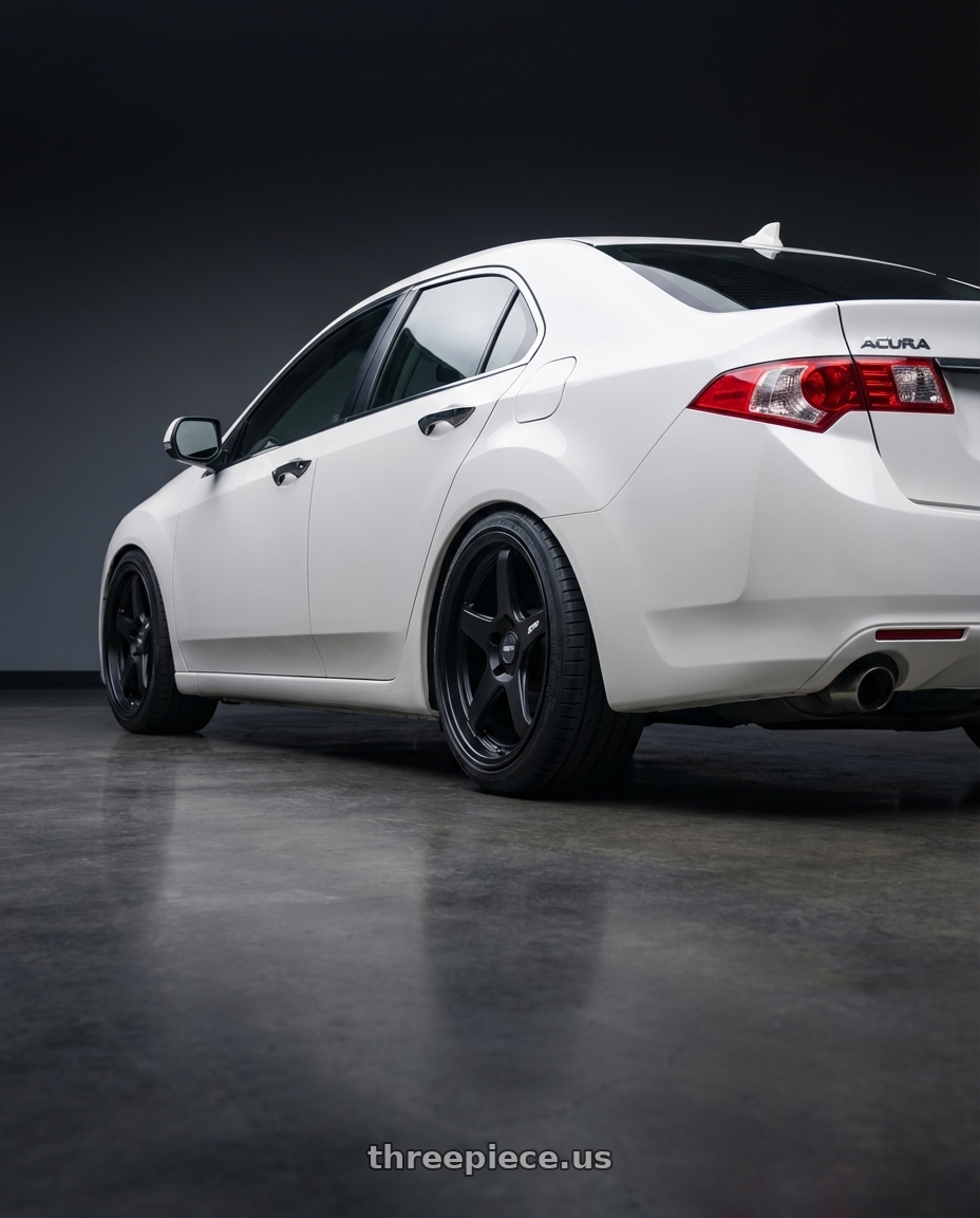 2013 Acura TSX with ESR Wheels APEX SERIES AP5 5x114.3 18x8.5 +30 Matte Black wheels rear three quarter view square tires