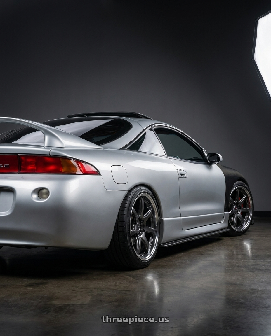 1998 Mitsubishi Eclipse GSX Silver with Work Emotion T7R 2P wheels rear three quarter view slight stretch tires