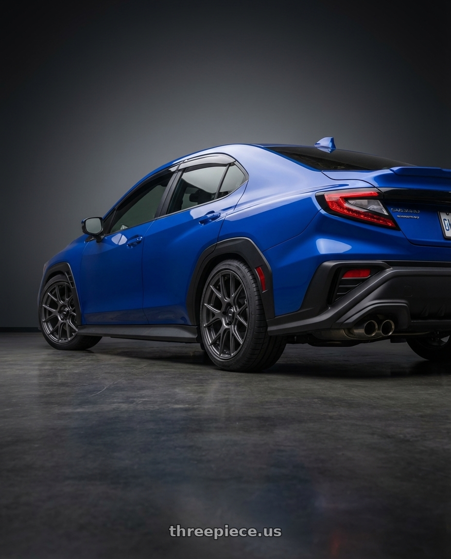 2024 Subaru WRX with Konig Ampliform 5x114.3 18x8.5+45 Dark Metallic Graphite wheels rear three quarter view square tires