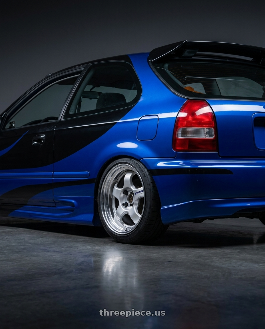 1999 honda civic hatch dx, blue and black with Work Meister S1 2P 4x100 15x7+38 A Disk Silver wheels rear three quarter view square tires