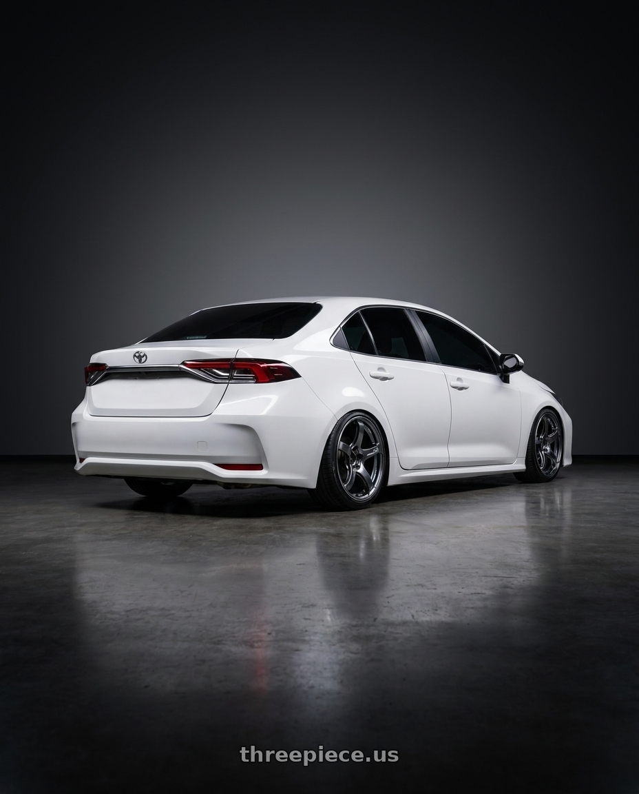 2023 Toyota Corolla Altis with Advan Racing TC4 5x120 18x9.5 +38 BLACK CHROME wheels rear three quarter view slight stretch tires