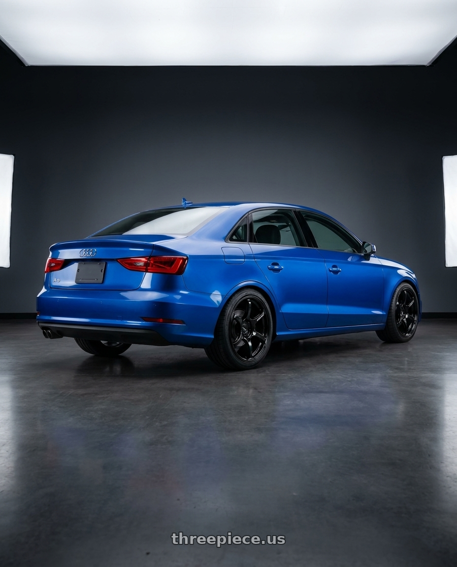 2017 Audi A3 Sedan Cosmo Blue with Advan RGIII 4x100 18x7.0+42 Gloss Black wheels rear three quarter view square tires