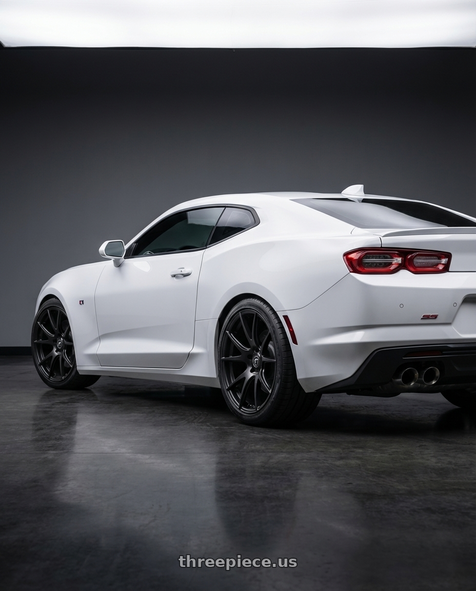 2022 Chevrolet Camaro with Forgestar CF5V 5x120 20x12 +52 Satin Black wheels rear three quarter view square tires