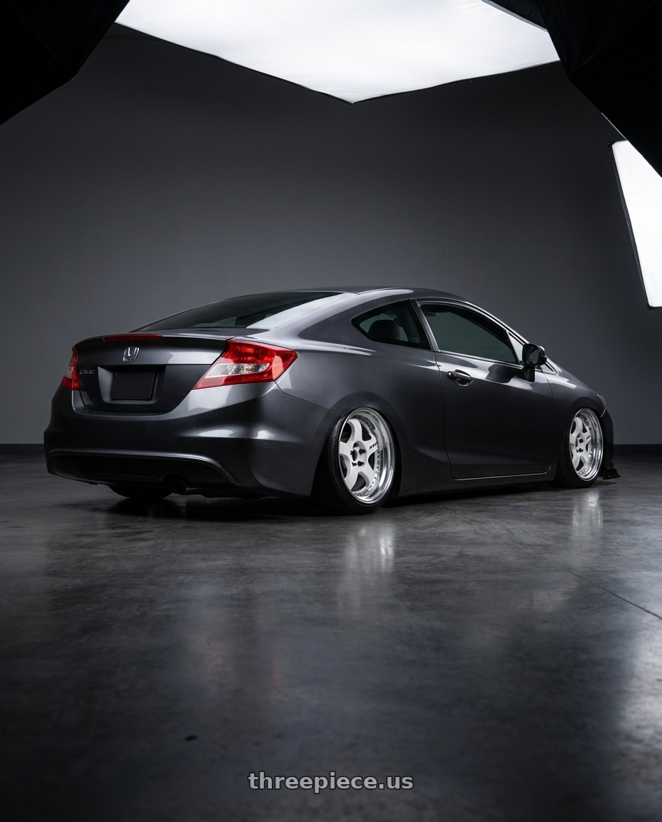 2012 Honda Civic coupe EX with Work Meister S1 3P 5x114.3 17x8+41 O Disk White wheels rear three quarter view slight stretch tires