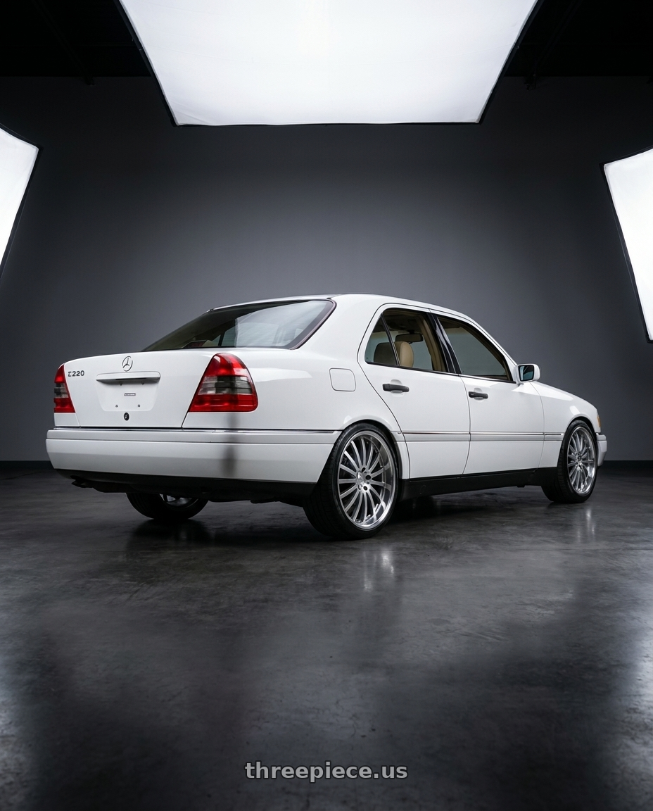 1995 mercedes c220 with Mandrus MILLENIUM 5X112 17X8 +25 HYPER SILVER W/ MIRROR CUT LIP wheels rear three quarter view square tires