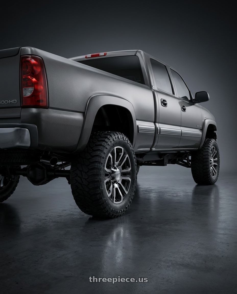 2002 chevy 2500hd with OE Wheels CV70A 8x165.1 20x8.5+12 Machined wheels rear three quarter view meaty tires
