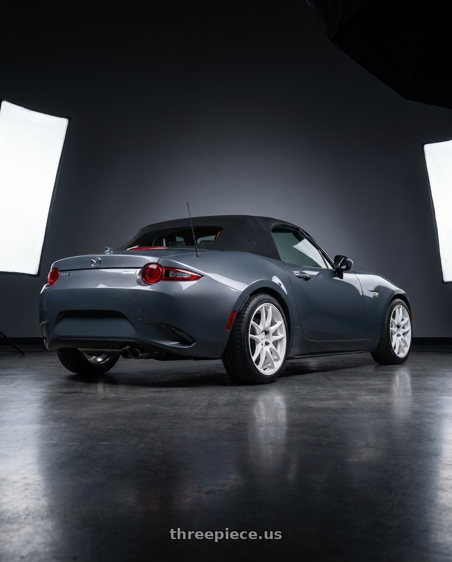 2020 Mazda mx-5 Miata club soft top polymetal grey with Work Emotion Cr Kiwami 4x100 16x6.5 +42 White wheels rear three quarter view square tires