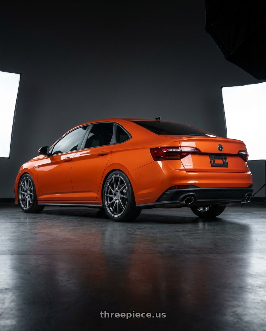 2023 Volkswagen Jetta GLI MK7 with Aodhan AH09 5x112 18x8.5 +35 Hyper Black wheels rear three quarter view square tires