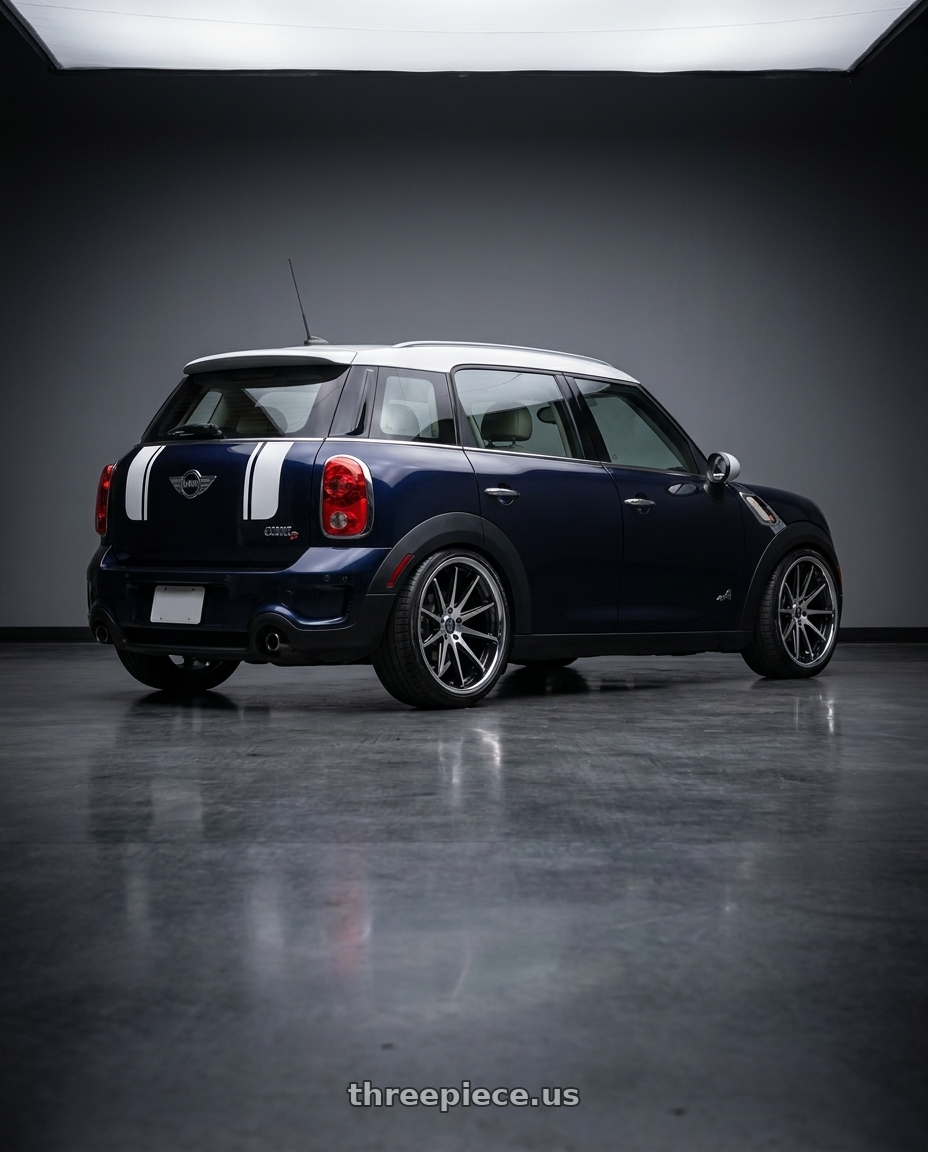 2012 Mini Countryman with Rohana RFC10 5x114.3 20x9+25 Machine Black/Chrome Lip wheels rear three quarter view slight stretch tires